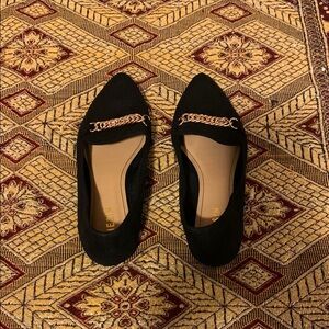 NWOT Elegant Black Suede Loafers with Chain Trim